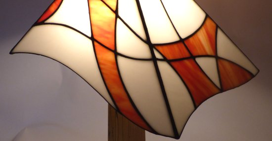 Mikes asyemtric orange and white lamp and wooden base on sale at Vitreus Art