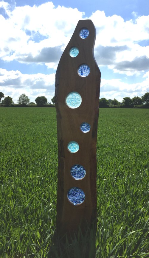 Cherry Fizz - fused glass and wood garden sculpture by Vitreus Art