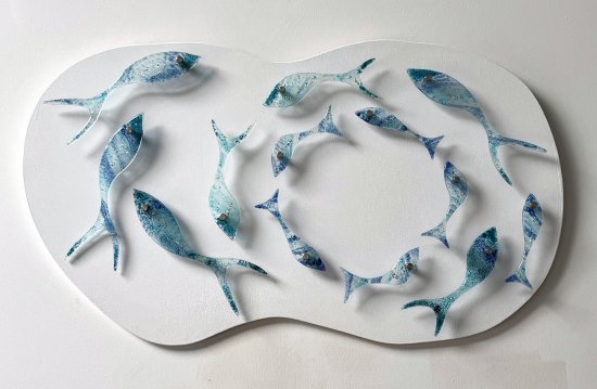 Original sea themed fused glass wall art by Mike Caddy of Vitreus Art, on show at the gallery near Towcester and Milton Keynes in Northants