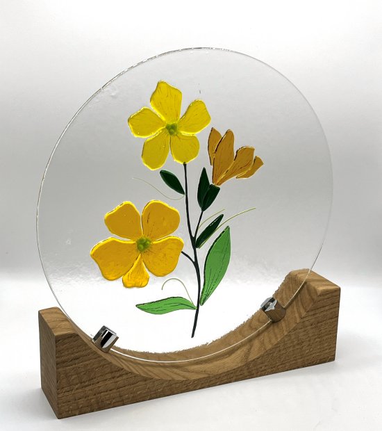 Original Primrose themed fused glass art by Jenny Timms of Vitreus Art, on show at the gallery near Towcester and Milton Keynes in Northants