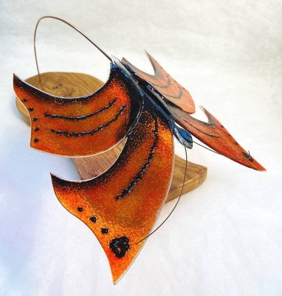 Original fused glass flowers by Vitreus Art, on show at the gallery near Towcester and Milton Keynes in Northants - Red Admiral, glass wood and metal art