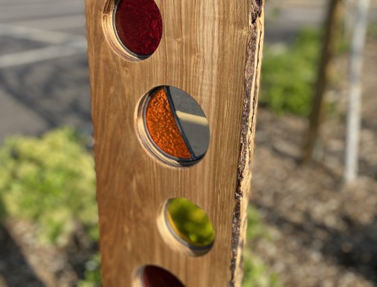 Reflections garden wood and glass sculpture made by Vitreus Art