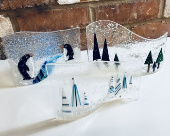 Fused Glass winter scenes made by students at Vitreus Art