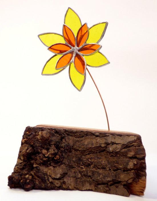 Copper foiled stained glass flowers on a reclaimed wooden base made by Vitreus Art